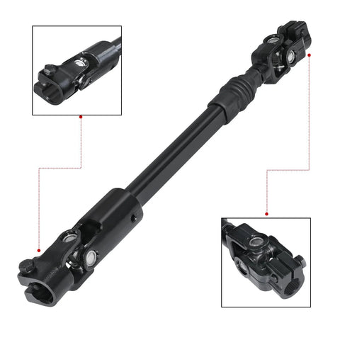 Side view of MDRIVEASY adjustable lower steering column intermediate shaft with U-joint, 18.5–20.7 in, black metal