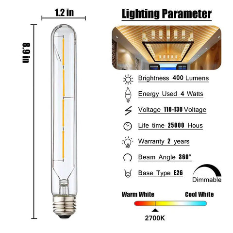 T10 LED Long Bulbs 4W Dimmable Tubular Filament Bulbs, 40W Equivalent, E26 Edison Style Vintage LED Filament Light Bulb, 2700K Warm White, 8.9 Inch, 4 Pack With Smooth 0 To 100 Percent Dimming dimensions and specs