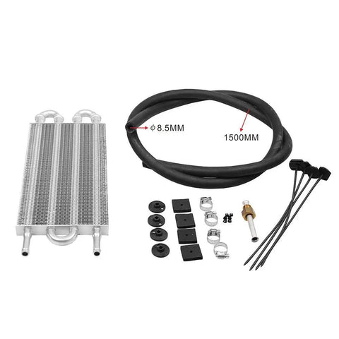 Heavy Duty 4 Row Aluminum Transmission Oil Cooler Universal Kit With 6 Pass Tube And Fin Design, Includes 6 AN Lines For Engine Cooling, Extends Lifespan, Reduces Heat And Keeps Your Ride Crisp, 1500mm hose and mounting hardware