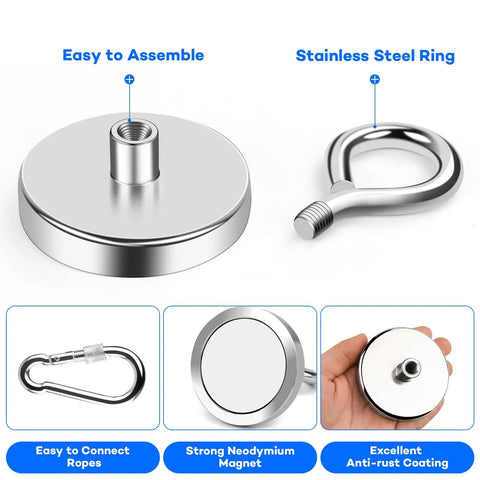 Beast Magnet Fishing Kit With 300 Lb Neodymium Rare Earth Magnets Countersunk Hole Eyebolt Built for River Recovery and Magnetic Fishing.
