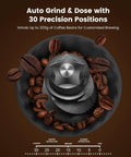 Close-up of 20 Bar Espresso Machine With Built-In Anti-Clog Grinder, showing grinding mechanism and coffee beans.