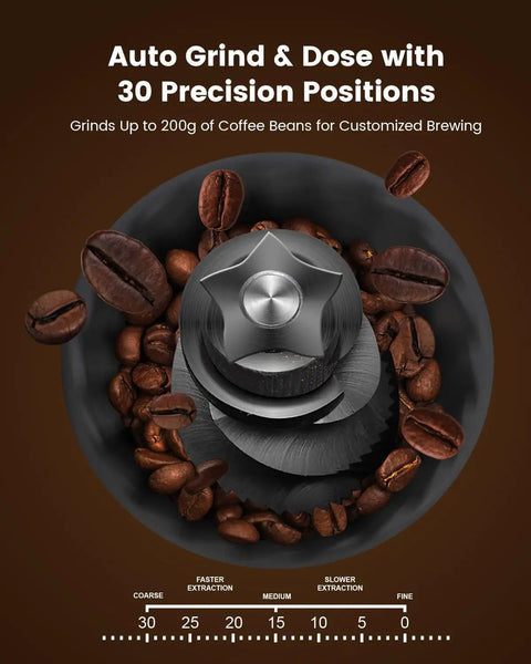 Close-up of 20 Bar Espresso Machine With Built-In Anti-Clog Grinder, showing grinding mechanism and coffee beans.