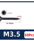 M3.5 Black Flat Head Wood Screws Featuring Phillips Drive For Quick Furniture Fixups And Woodworking Builds, Hella Durable Self Tapping Steel Fasteners That Screw In Smooth As Silk While Skipping Pre Drilling Hustle - Dimensions shown.
