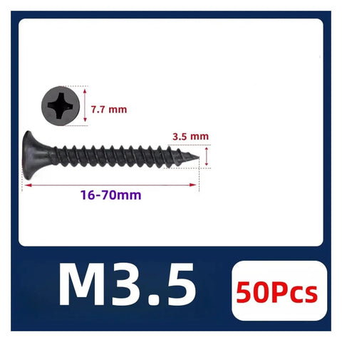 M3.5 Black Flat Head Wood Screws Featuring Phillips Drive For Quick Furniture Fixups And Woodworking Builds, Hella Durable Self Tapping Steel Fasteners That Screw In Smooth As Silk While Skipping Pre Drilling Hustle - Dimensions shown.