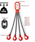 Heavy Duty Four Leg Chain Sling With Adjustable Grab Hooks For Engine Hoist And Industrial Crane Gear crafted from G80 alloy steel, showing dimensions and details.
