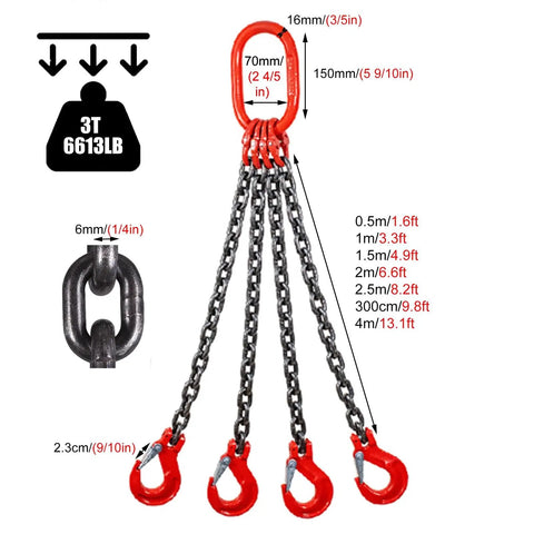 Heavy Duty Four Leg Chain Sling With Adjustable Grab Hooks For Engine Hoist And Industrial Crane Gear crafted from G80 alloy steel, showing dimensions and details.