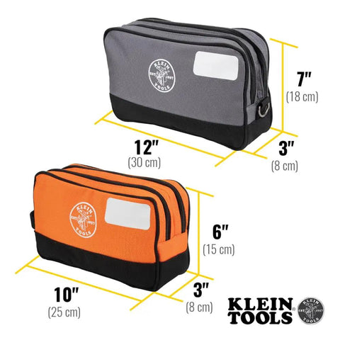 Dual Compartment Tool Pouch Heavy Duty Tool Bag Organizer with dimensions, two colors, shown in gray and orange.