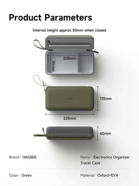 Battle Tested Travel Ready Tech Tote With Waterproof Shell And Smart Dividers For Cables Chargers Power Banks Memory Cards And Docks No Fuss Everyday Carry Case shown in green with dimensions listed.