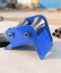 Heavy Duty Cable Pulley Guide With Roller Wheels For Conduits, Smooth Friction Free Pulls, Workhorse Three Link Steel Wheel System, 160mm And 100mm Options, Industrial Grade Cable Director For Tight Turns And Durable Performance. blue steel pulley guide with roller wheels for conduit pulls