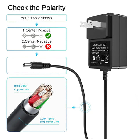 21V Lithium Battery Charger For Mini Chainsaw And Pruning Shears showing plug, cord details and polarity check chart