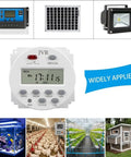 Programmable 12V Timer Switch with 16 Independent On Off Schedules for lighting, pumps, fans; shown in diverse applications.