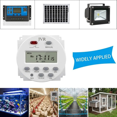 Programmable 12V Timer Switch with 16 Independent On Off Schedules for lighting, pumps, fans; shown in diverse applications.
