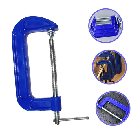 Heavy Duty 4 Inch Woodworking G Clamp With Quick Release Table Mount For Secure Workholding In Carpentry And Woodworking Projects A Solid Clamp That Delivers Strong Grip And Precise Results, shown in multiple uses