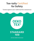 OEKO-TEX Standard 100 certification logo on a teal background, indicating safety tested against over 1,000 harmful substances.