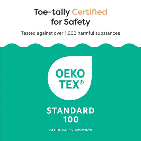 OEKO-TEX Standard 100 certification logo on a teal background, indicating safety tested against over 1,000 harmful substances.