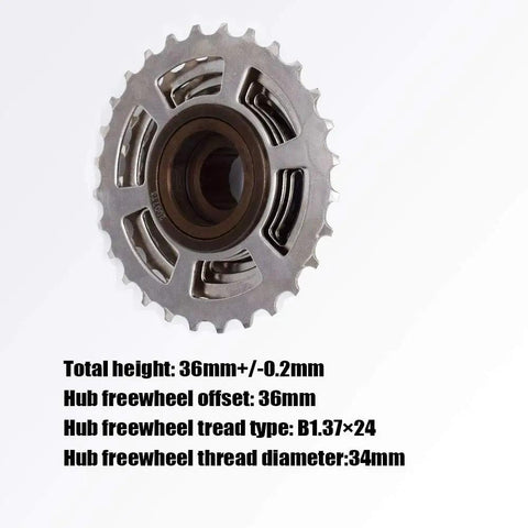 Close-up of 7 Speed Freewheel 14 28T Sprocket for Ebike Hub Motor Bikes, showing nickel-plated chromoly steel construction.