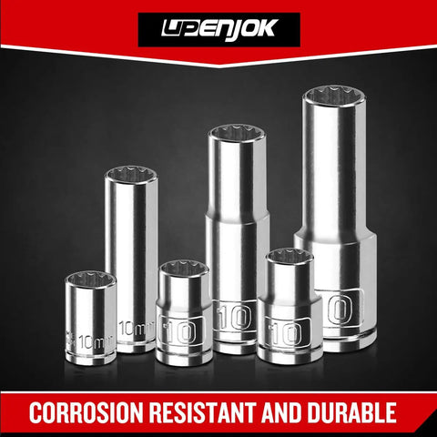 Two Piece One Quarter Inch Drive 10mm Socket Set Shallow Profile Mirror Finish CRV Steel Six Point Design arranged vertically