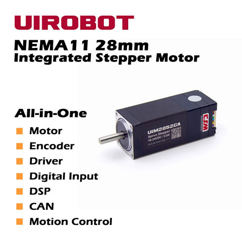 UIROBOT NEMA 11 integrated servo stepper motor with built-in encoder, black housing and exposed shaft.