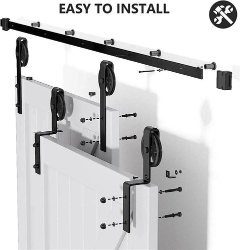 Hard Wearing Sliding Barn Door Track Hardware Kit For Tight Spaces Black Powder Coated 6mm Carbon Steel With Ultra Quiet Rollers And Bypass Option, Library Ladder Style, Fits Single Or Double Wooden Doors In Low Ceiling Areas installation.