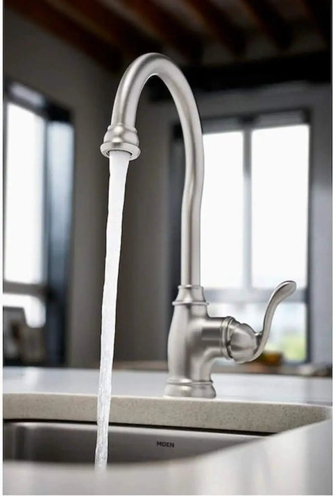 High Arc Kitchen Faucet With Soap Dispenser From Anabelle Collection in Spot Resist Stainless Finish with water stream