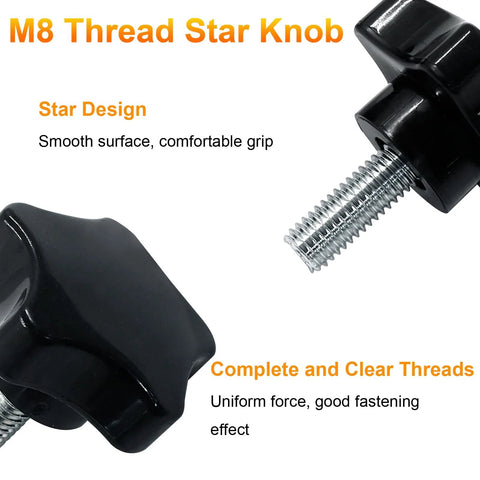 Close-up of black M8 star knob with threaded metal bolt for hand-tightening clamp.
