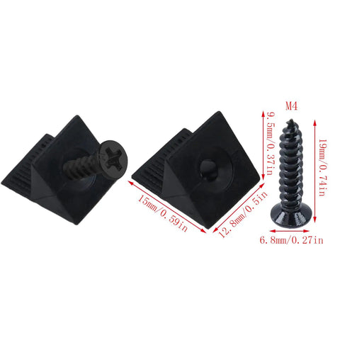 One Hundred Plastic Drawer Wedges with M4 Self Tapping Screws, black plastic material, detailed dimensions for furniture repair.