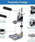 Adjustable Desktop Drill Stand With Universal Bench Clamp And Workbench Support showing design features and aluminum body