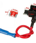 Upgrade Your Gear With This Super Cool Fuse Tap Adapter That Turns One Spot Into Two For Adding Extra Electronics Like Phone Cradles Or Alarms Without Any Messy Splicing Wires Needed For Micro Mini And Standard Blade Fuses Up To 10 Amps Perfect For. blade fuse tap adapter with red wire and blue connector, shown with dimensions