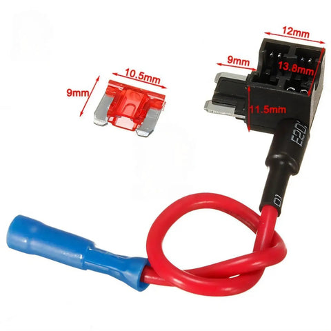 Upgrade Your Gear With This Super Cool Fuse Tap Adapter That Turns One Spot Into Two For Adding Extra Electronics Like Phone Cradles Or Alarms Without Any Messy Splicing Wires Needed For Micro Mini And Standard Blade Fuses Up To 10 Amps Perfect For. blade fuse tap adapter with red wire and blue connector, shown with dimensions