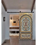 Hand-Carved Arched Barn Door With Rustic Farmhouse Style Custom Made Wooden Interior Door Sliding Barn Door For Home Or Office No Glass Or Hardware Included Size 71x34 Inches Ideal For Room Dividers And Entryways showing ornate pattern in a room.