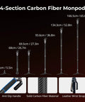 4-section Carbon Fiber Camera Monopod With One Touch Height Adjustment And 5kg Payload Ball Head shown in various heights.
