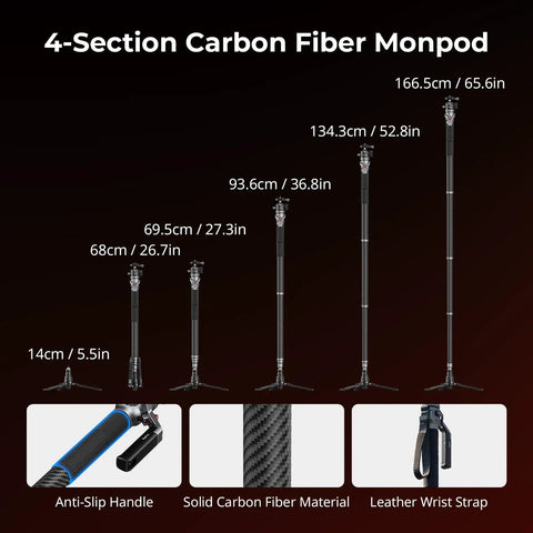 4-section Carbon Fiber Camera Monopod With One Touch Height Adjustment And 5kg Payload Ball Head shown in various heights.