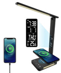 LED Desk Lamp with Wireless Charger and USB Port, Dimmable Eye Protecting Desk Light for Home Office featuring alarm clock display.