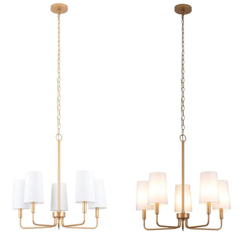 Muted Gold Chandelier With White Fabric Shades For Modern Farmhouse Linear Island Lighting In Kitchen And Dining Room, 5-Light Fixture