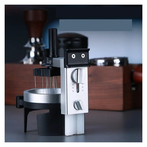 Badass Espresso Stirrer And Coffee Distribution Tool For Leveling Portafilter Pucks Smooth Rotate Design breaks clumps, silver tool.
