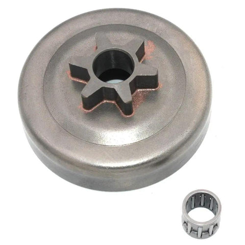 Top Notch Clutch Drum Bearing 3/8 Inch 6 Tooth Chainsaw Replacement Component built tough for heavy duty yard work, metallic finish.