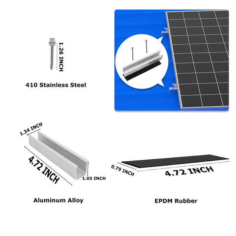 Heavy Duty Solar Panel Mounting Kit With Rails And Clamps For Tin Or Flat Roofs, 4 Panel Row Assembly, components diagram