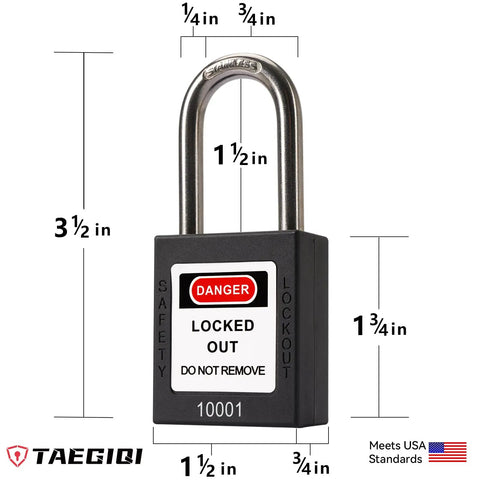 Five Black Lockout Tagout Locks Keyed Alike OSHA Compliant Safety Padlocks for LOTO Kits and Devices with dimensions.