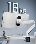 Game Changing Dual Monitor Desk Stand For 17 To 32 Inch Screens with white gas spring mount holding 18kg monitor on desk.