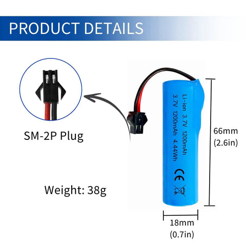 3.7V 1200mAh Li Ion Battery With SM 2P Plug And 4 In 1 USB Charger dimensions and weight details