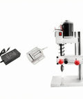 Compact Mini Bench Drill Press With Rectangular Base Ideal For DIY Projects featuring metal frame and adjustable lever.