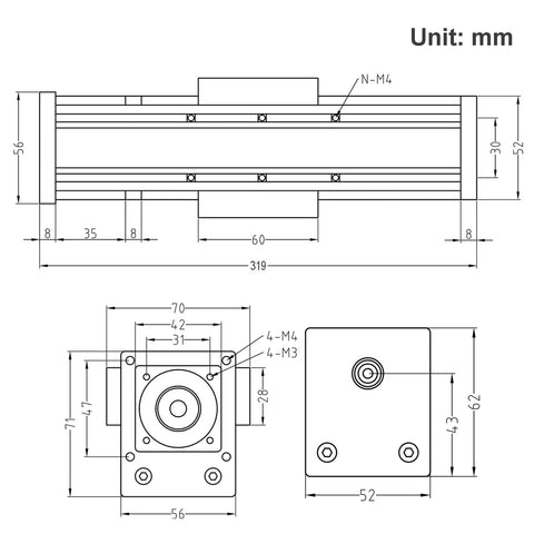 Technical drawing of 200mm Travel Fully Enclosed Linear Stage Actuator With SFU1605 Ball Screw And NEMA23 Stepper Motor