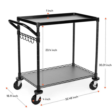Heavy Duty Rolling Utility Cart With 680 Lbs Capacity, 2 Tier Metal Trolley On Wheels with handle bar and shelf liner