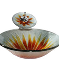 USZWBY Bathroom Vessel Sink,Tempered Glass Vessel Sink Bowl with Faucet Set,Round Bowl Artistic Vanity Sinks close-up with floral design