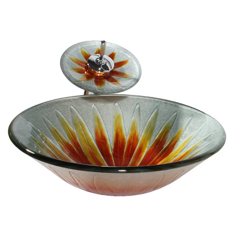 USZWBY Bathroom Vessel Sink,Tempered Glass Vessel Sink Bowl with Faucet Set,Round Bowl Artistic Vanity Sinks close-up with floral design