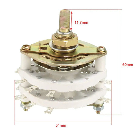Front view of Band Selector Rotary Switch 4 Pole 3 Position 2 Deck 16 Pin, 9.7mm hole, 6mm shaft for radio TV industrial panels
