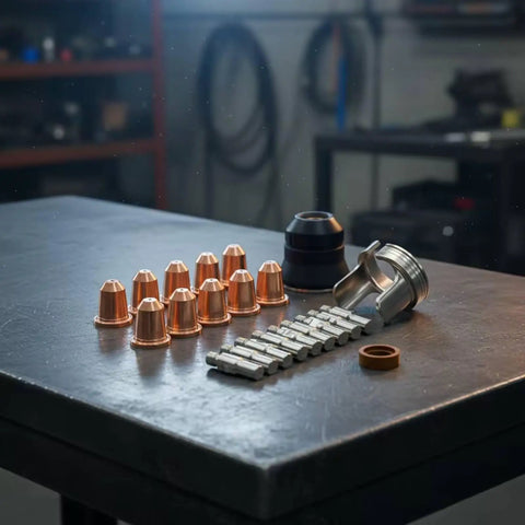 Pro Grade Torch Consumables Kit With Cutter Nozzles Electrodes Retaining Cap Insulating Cap And Washers, Heavy Duty Spare Parts For Fabrication Shops, Repair Garages, And Home Workshops; copper nozzles and silver electrodes on bench