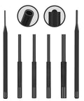 Four Piece Roll Pin Punch Set With Free Pivot Pin For Auto Repair, Watch Repair, Jewelry And Craft Projects, Starter Punch For Precise Pin Install, Includes 1/16 Inch, 5/64 Inch, 3/32 Inch And 1/8 Inch Sizes displayed in front view with close-up inserts.
