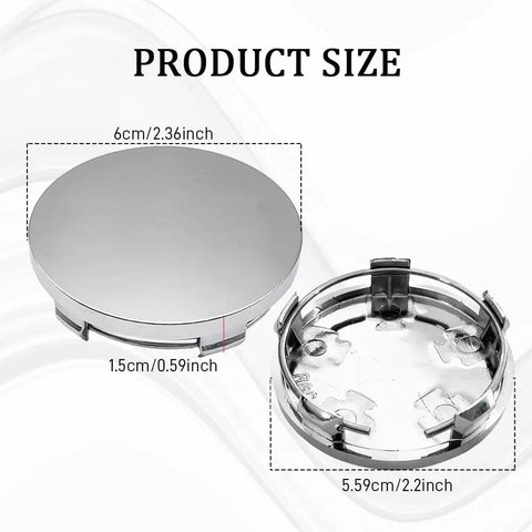 Clean 4 Piece Silver Wheel Center Caps Boast A Snappy Snap Fit And Bulletproof Abs Shield To Shut Out Road Gunk Beat Rust On Hub Studs And Keep Your Rims Looking Fresh On Daily Cruises showing size dimensions of 6cm and 1.5cm.
