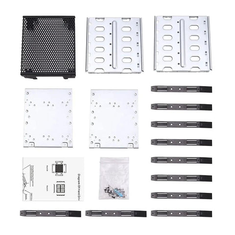 5.25 Inch To 5x 3.5 Drive Tray Rack With Fan Space, Detachable Galvanized Steel And ABS Construction, DIY Ready Cooling Slot, Includes Rails And Screwdriver For Easy PC Case Upgrades shown in parts layout
